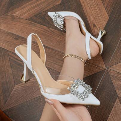 White high heels Shein Pointed Toe High Heels With Rhinestone Decoration - White