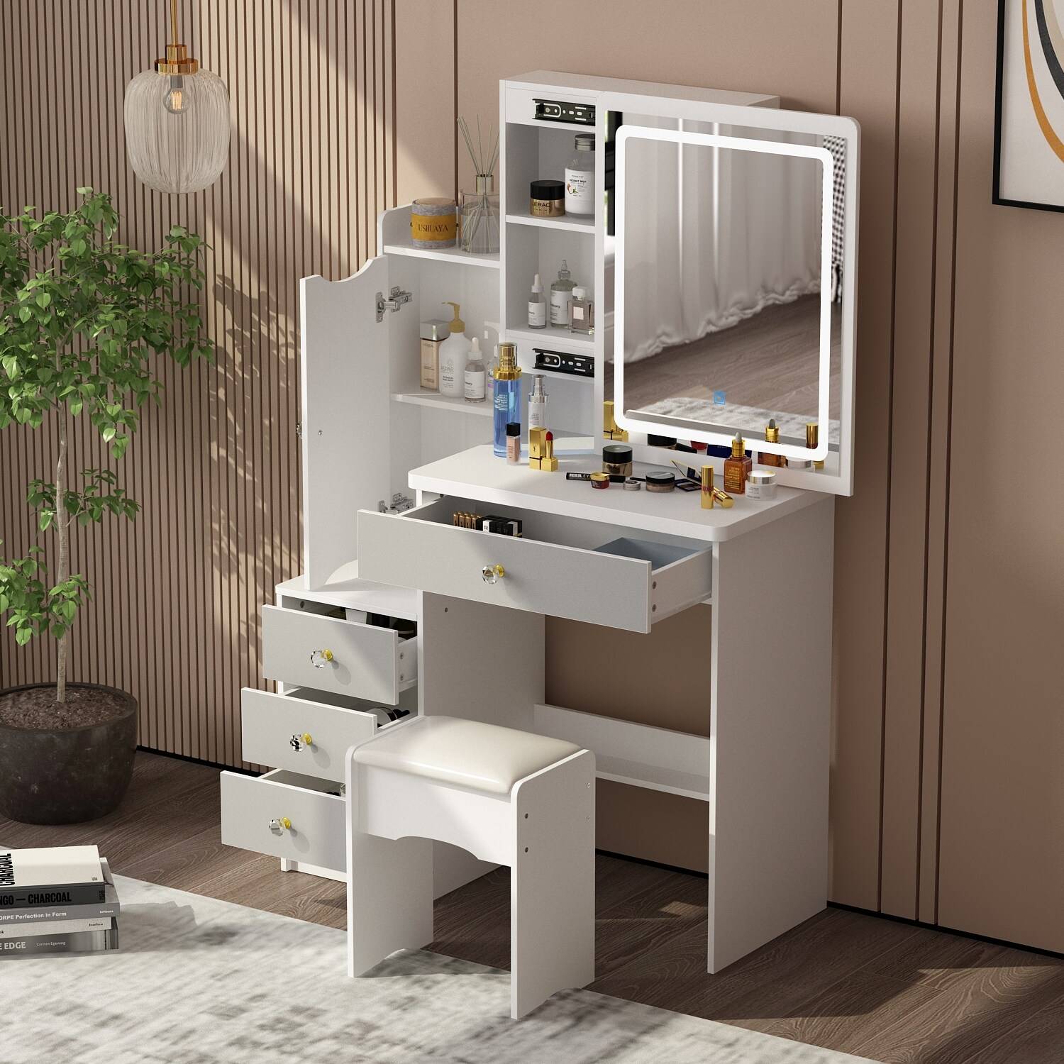 Makeup vanity stool Timechee 33Wide Makeup Vanity Set With Stool Mirror Dressing Table