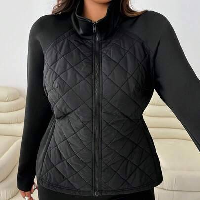 Shein Plus Size Elastic Waist Pockets Patchwork Jacket - Autumn/Winter Fall