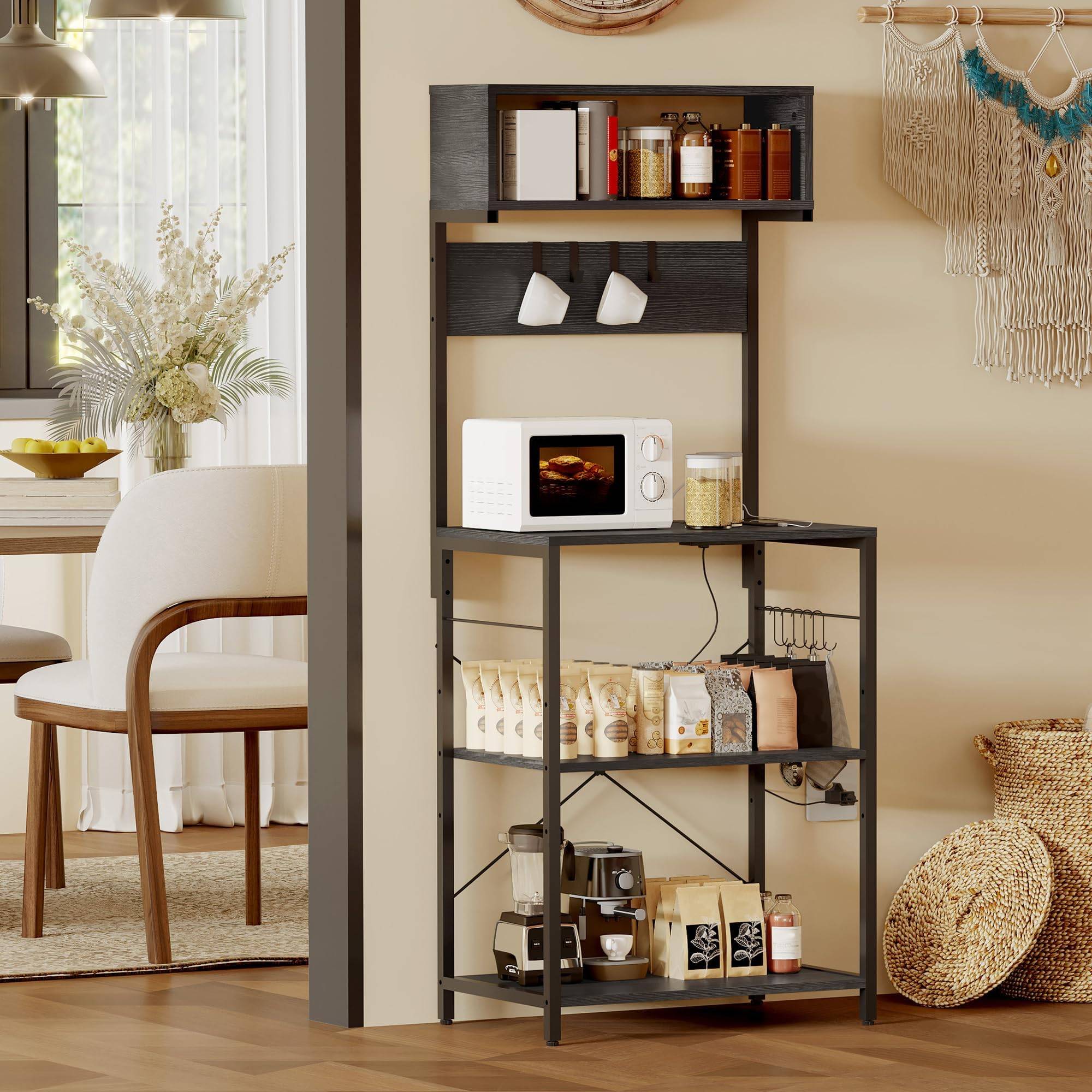 Kitchen bakers rack Garvee Kitchen Bakers Rack Power Outlet 4-Tier Storage Shelf - Black Kitchen Storage
