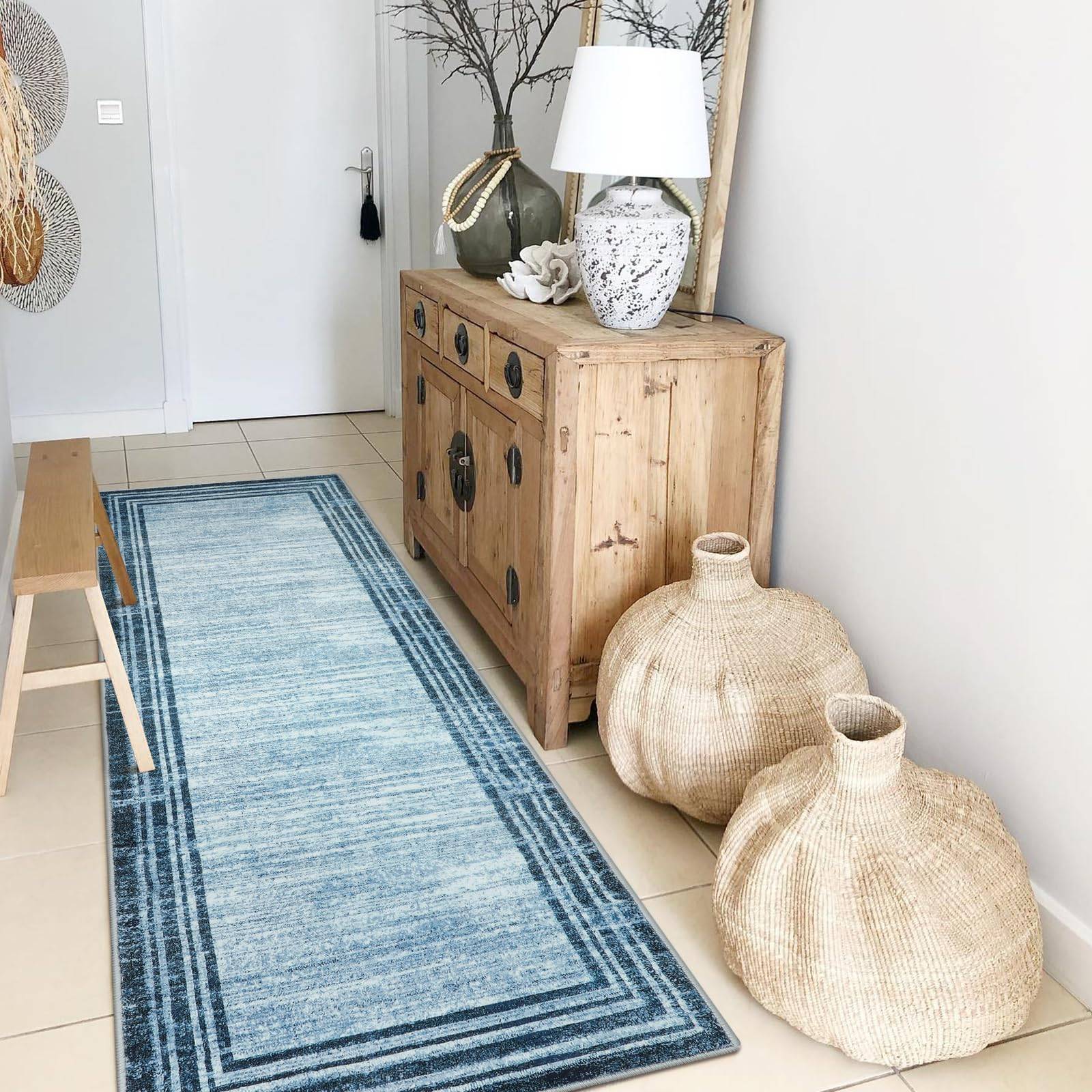 Lahome Blue Loop Border Gradient Area Rug 2 x 6 ft Multicolor 72x72"