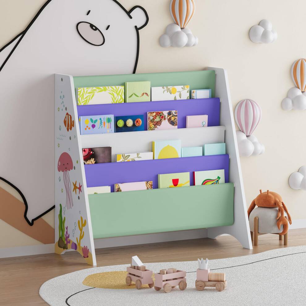 Home Source Children Bookshelf Bookcase Kids 4 Tier Sling Book Rack
