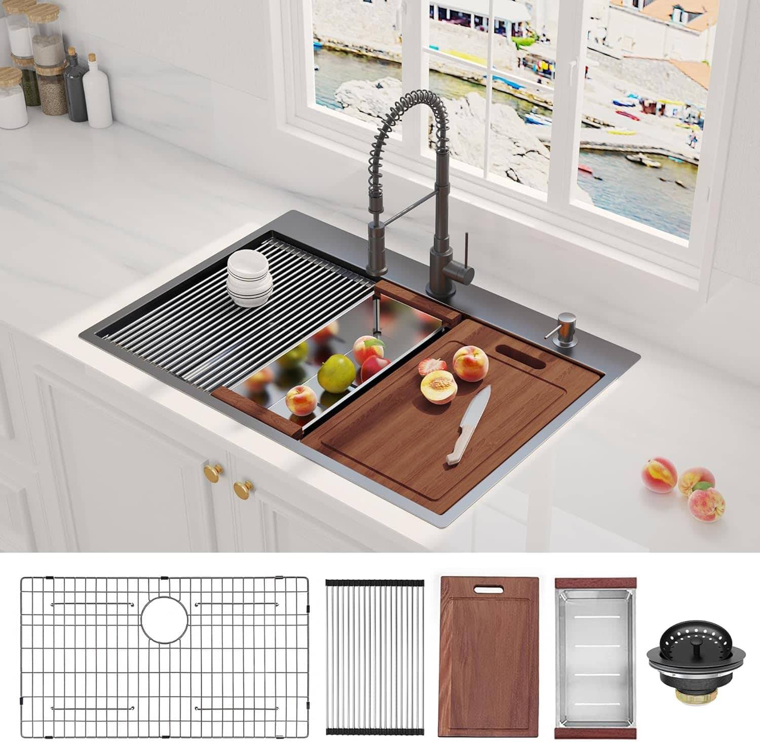 Drop in workstation sink APRILSOUL 33 Inch Gunmetal Drop In Workstation