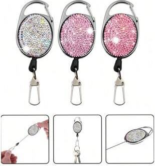 Shein Diamond-Studded Retractable Key Chain Belt Carabiner Clip - Built-In Nylon Rope