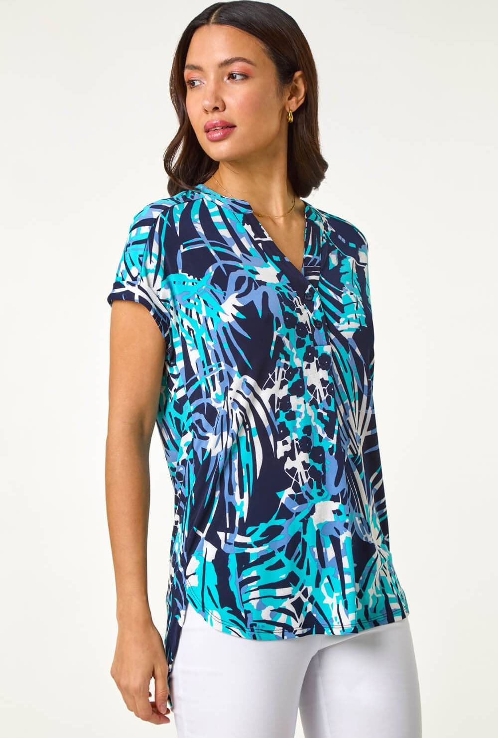 Roman Textured Abstract Print Top - Blue
