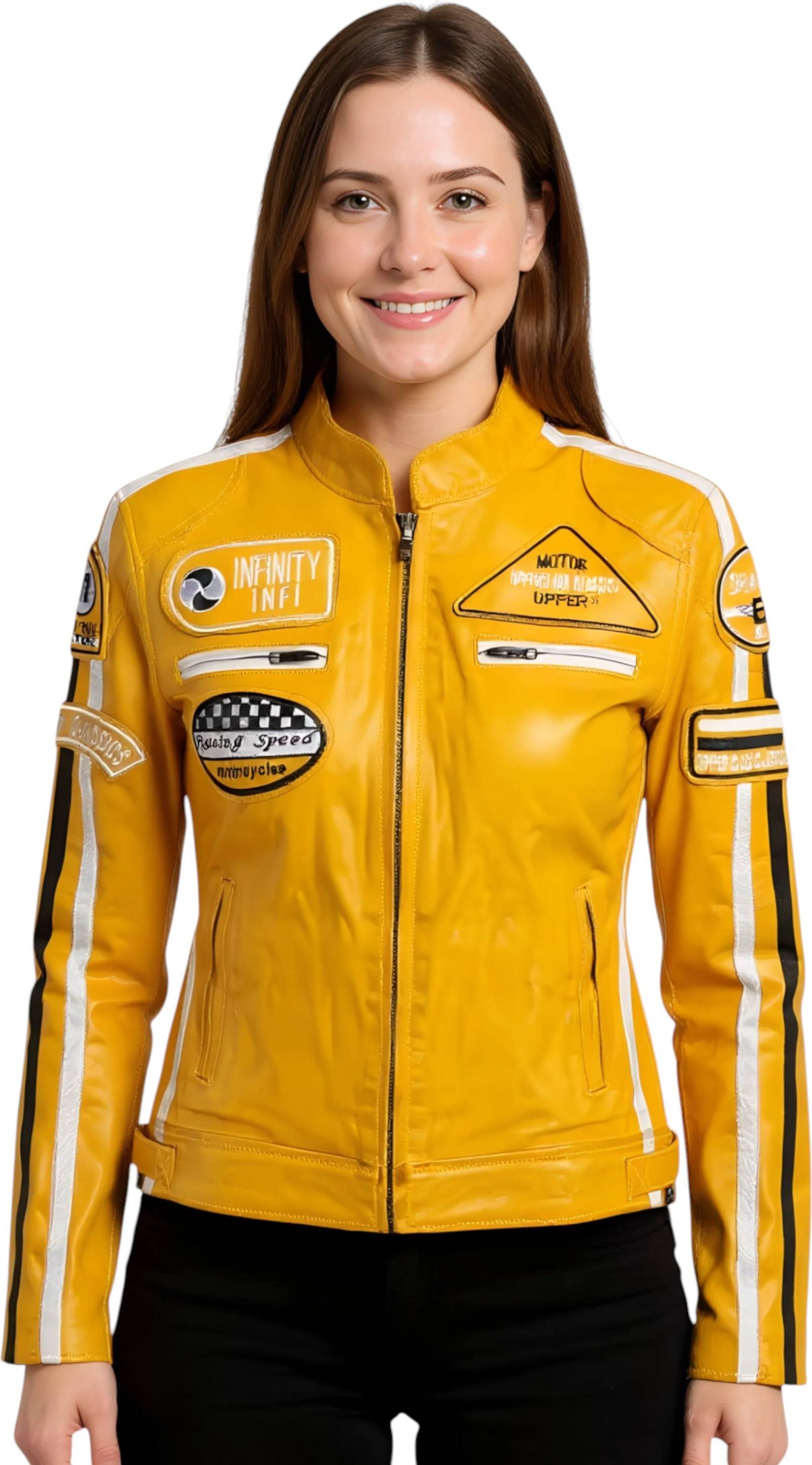 Infinity Leather Biker Racing Badges Jacket - Yellow