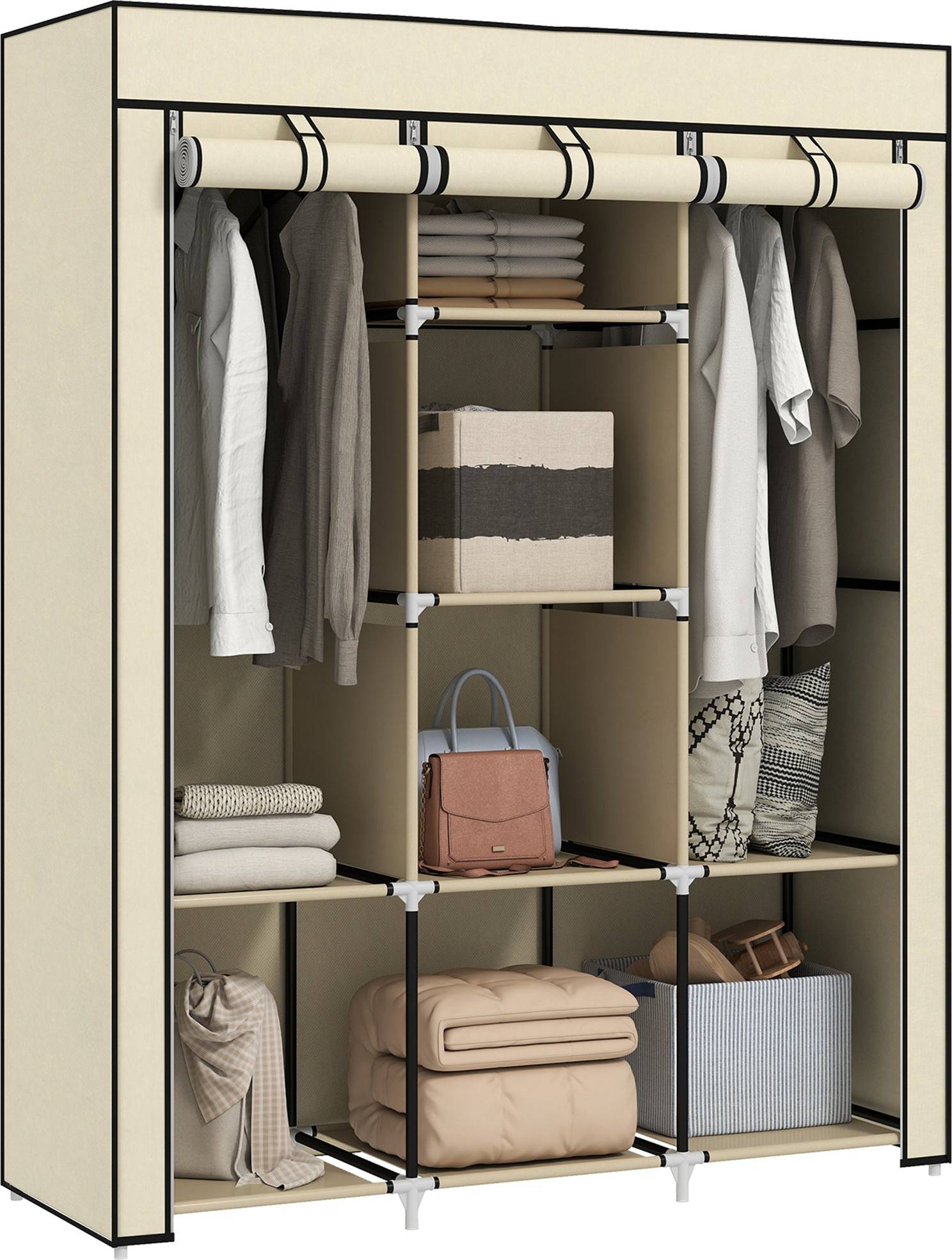 Homcom Fabric Portable With 8 Shelves 2 Hanging Rails Wardrobe