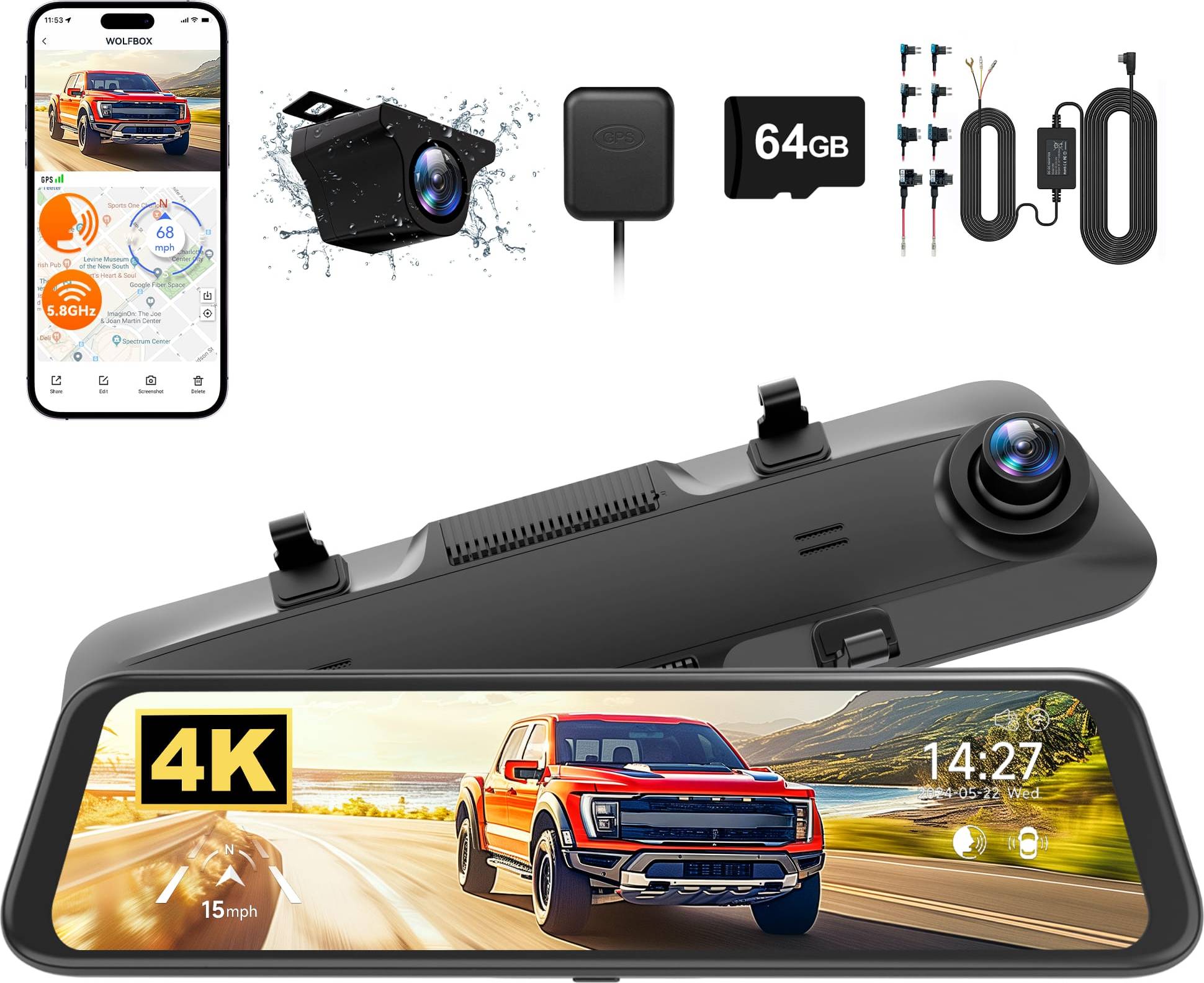 Rear dash cam Wolfbox 4K Rear View Mirror 2CH Dash Cam
