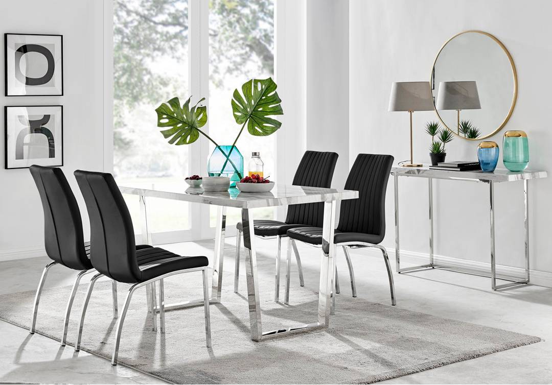 Canora Grey Modern Marble Effect Silver Table Dining Set