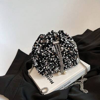 Shein Chain Drawstring Closure PVC Sequin Shiny Bucket Bag