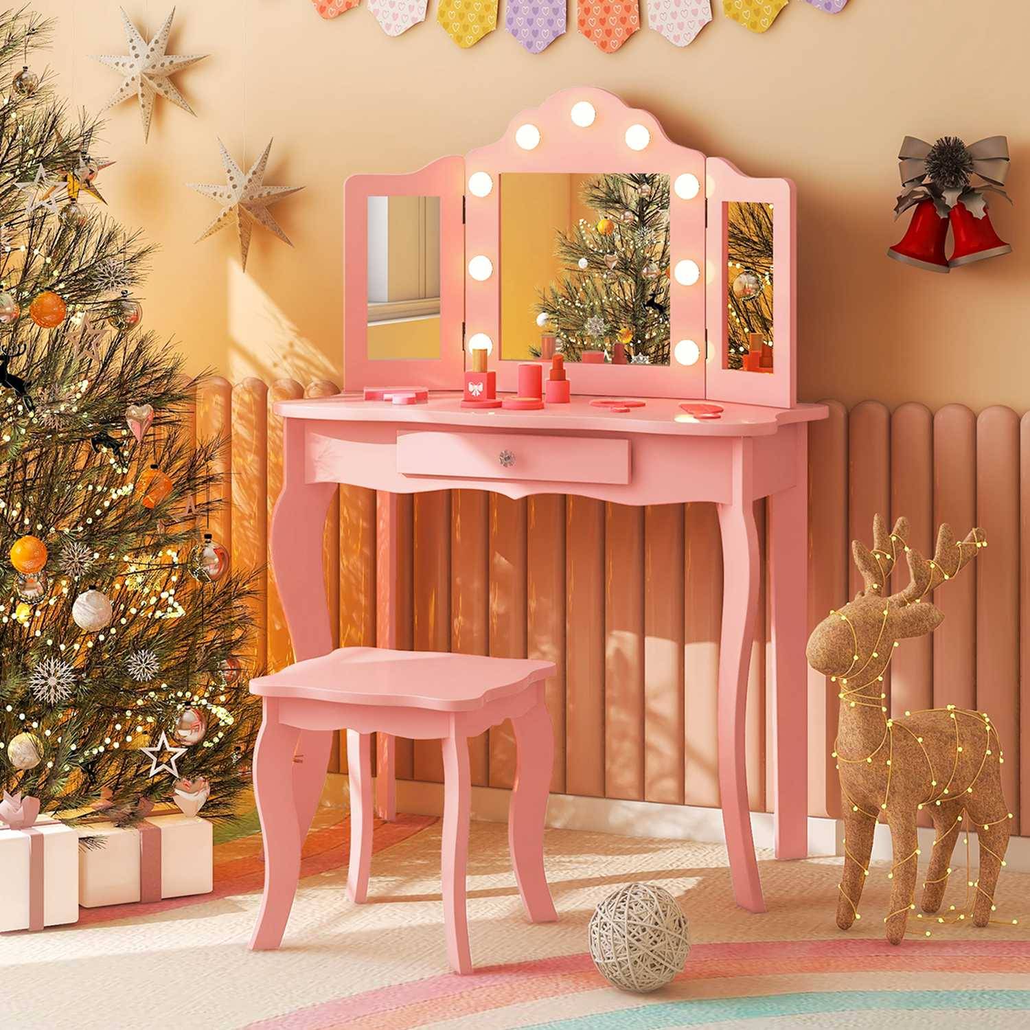 Vanity set with lights Costway Kid Vanity Table Stool Set 3-Color LED Lights
