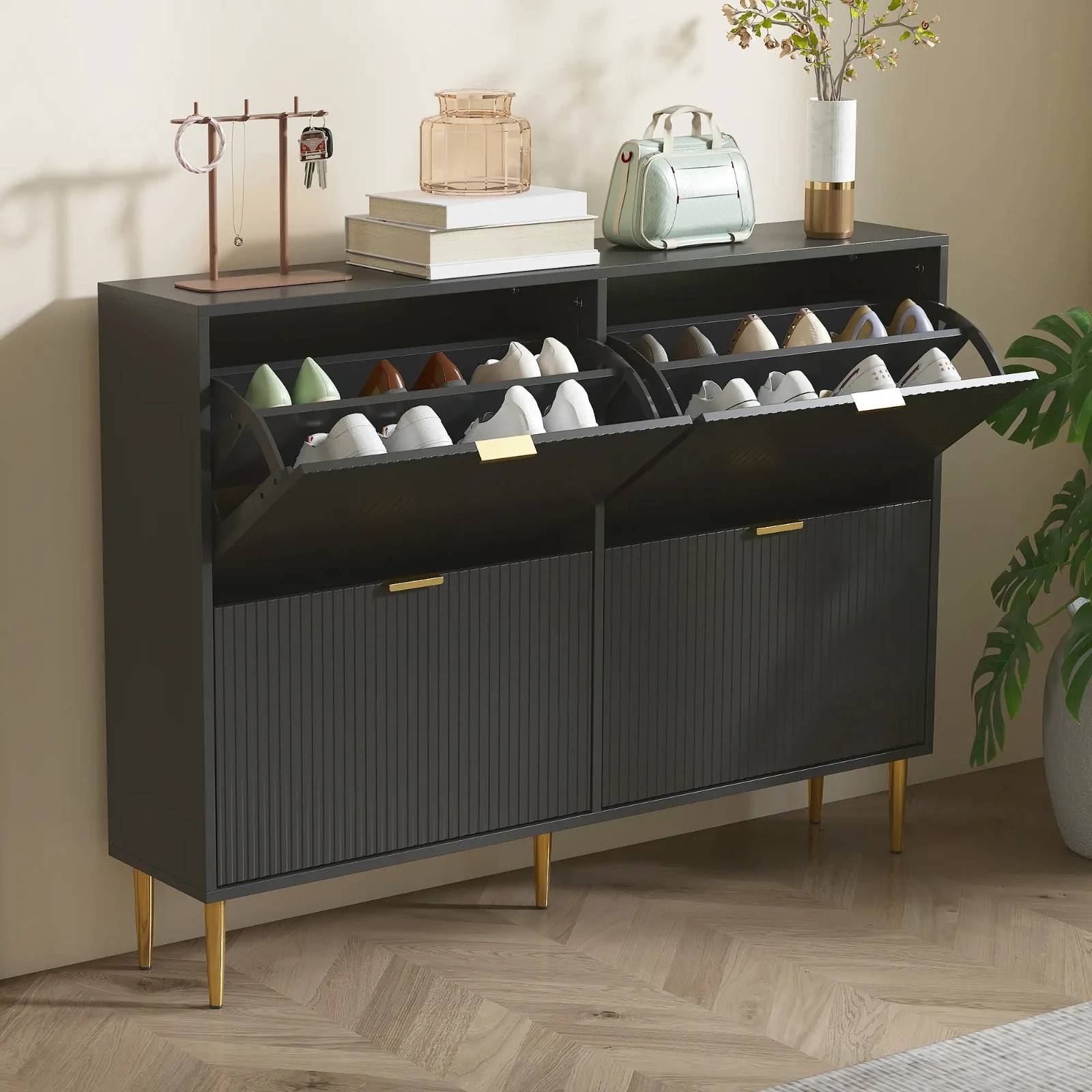 Homcom Slim Shoe Rack with 4 Flip Drawers Black Shoe Rack