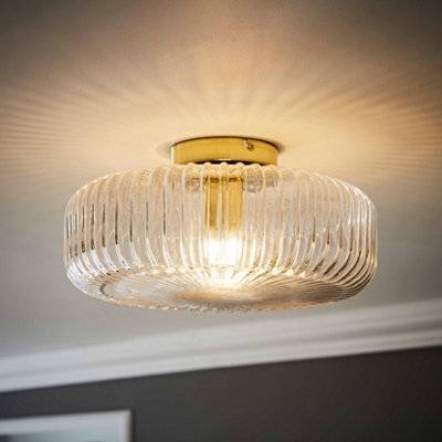 ValueLights Calpe Large Ribbed Glass Shallow Ceiling Flush Light