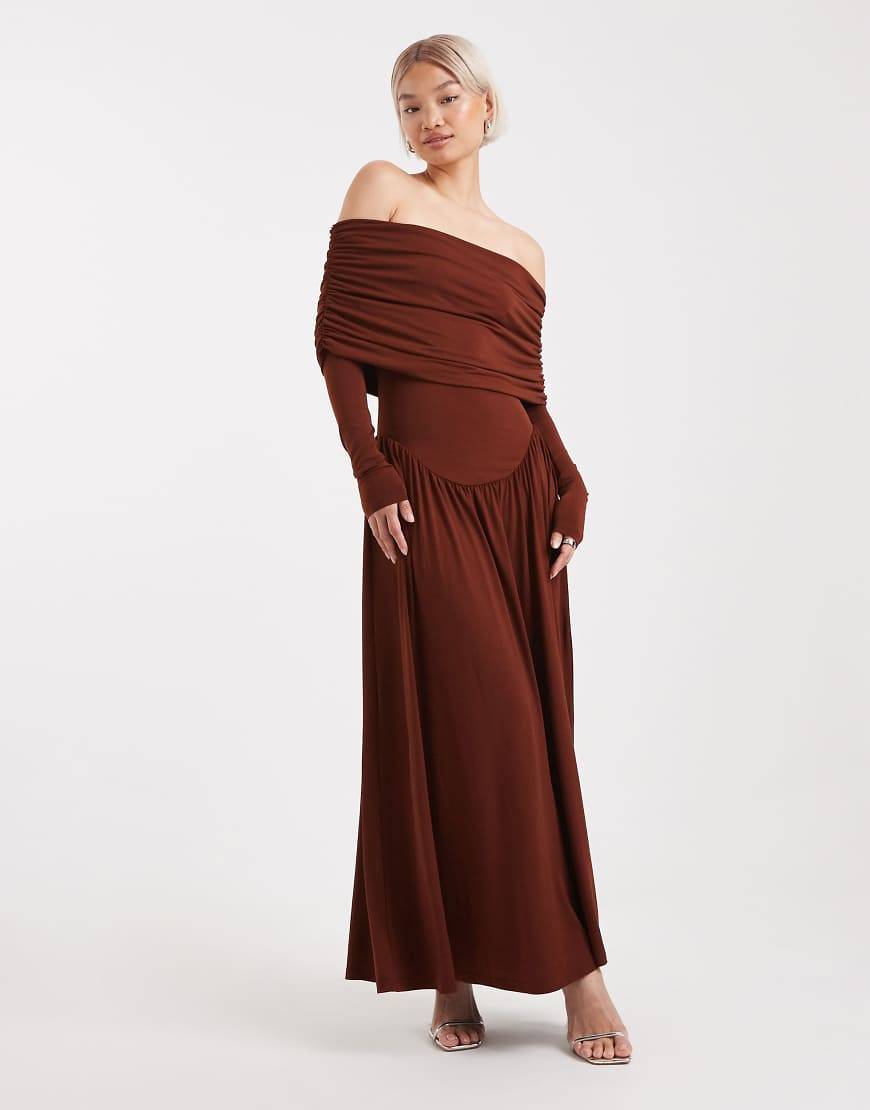 Off Shoulder Ruched Midi Dress