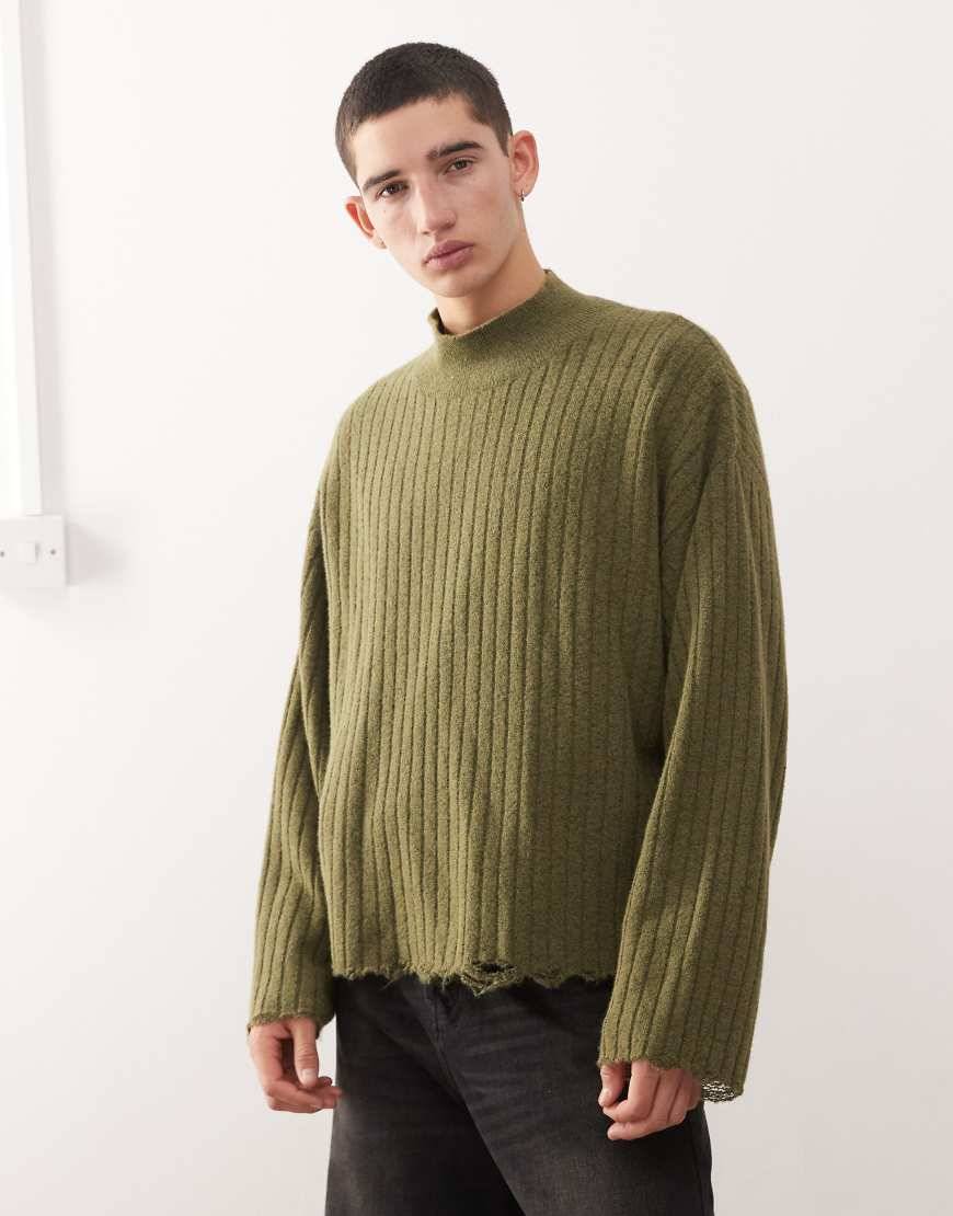Weekday Distressed Ribbed Mock-Neck Sweater - Khakigrön