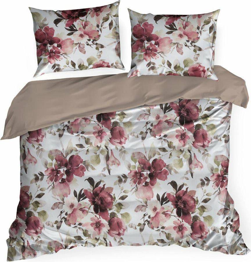 Eurofirany Garniture Lit Ensemble 220 x 200 cm Fleurs Rouges Housse de couette Rouge, Blanc