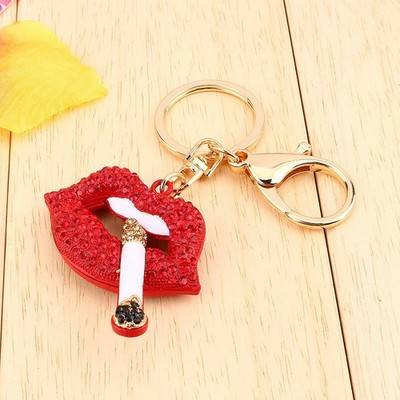 Cool Red Lips Keyring Rhinestone Charm Pendant