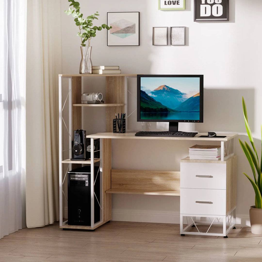 Ebern Designs Computer With Drawers And Bookshelf Writing Desk