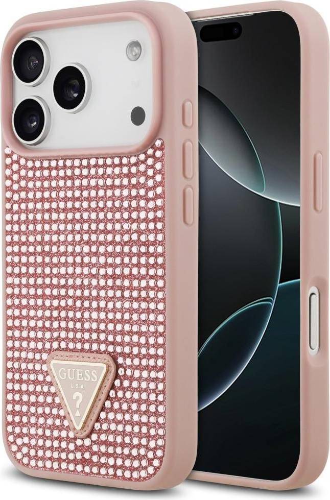 Guess Rhinestone Triangle Logo iPhone 17 Pro Case Pink