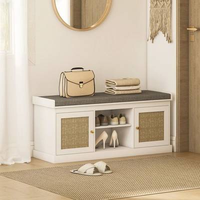 Homcom Boho Shoe With Padded Cushion Rattan Doors Storage Bench