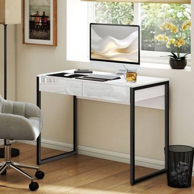 Homcom High Gloss Work Table With Drawers White Skrivebord
