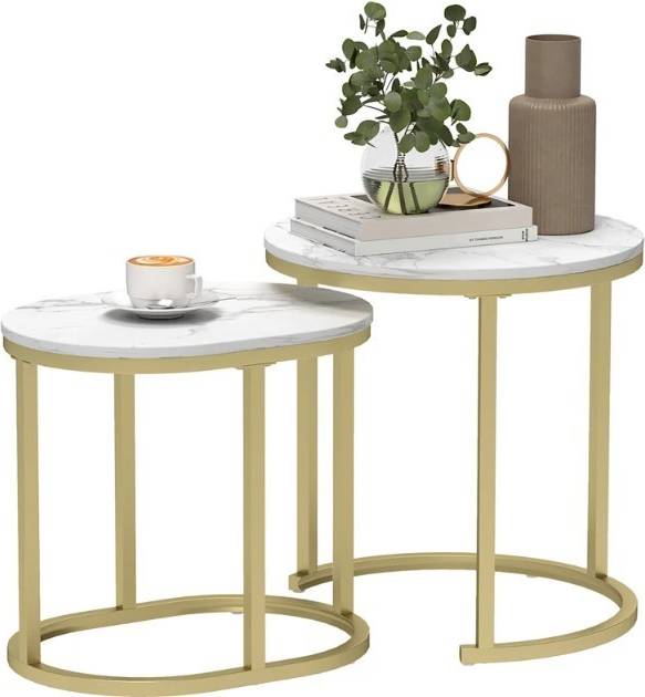 Homcom 2 Pcs Coffee With Faux Marble Side Accent Nesting Table