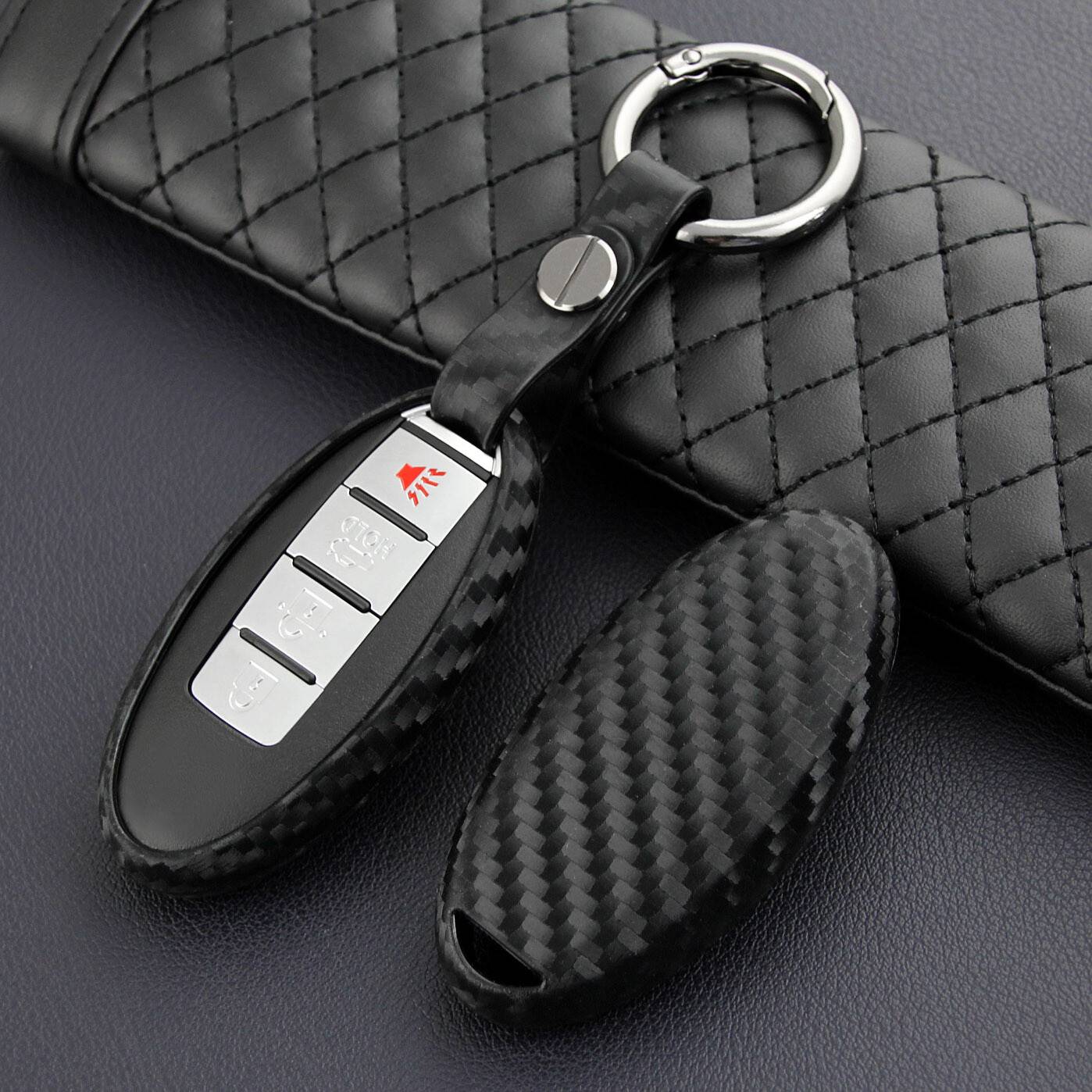 Carbon Fiber Smart Key Case Soft Shell Cover Chain Ring