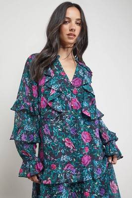 Oasis Printed Boho Ruffle Button Down Mini Dress - Black