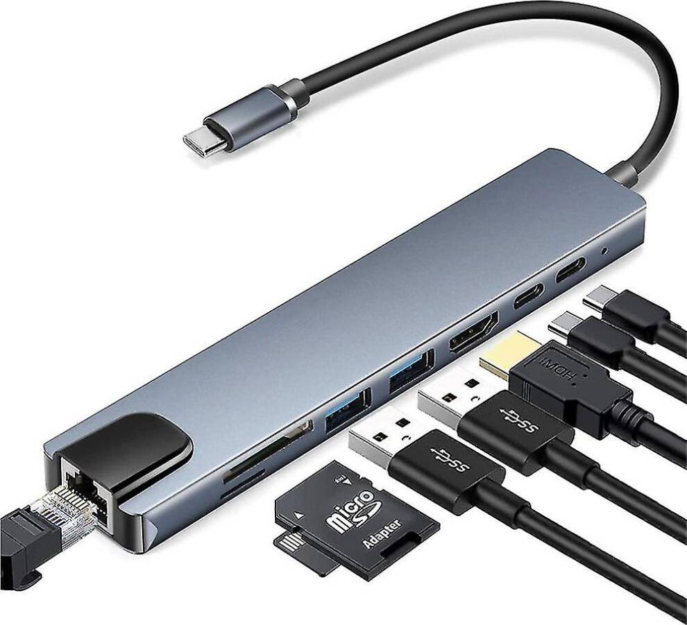 8 In 1 Type-C Hub To USB 3.0 HDMI LAN RJ45 SD TF Adapter