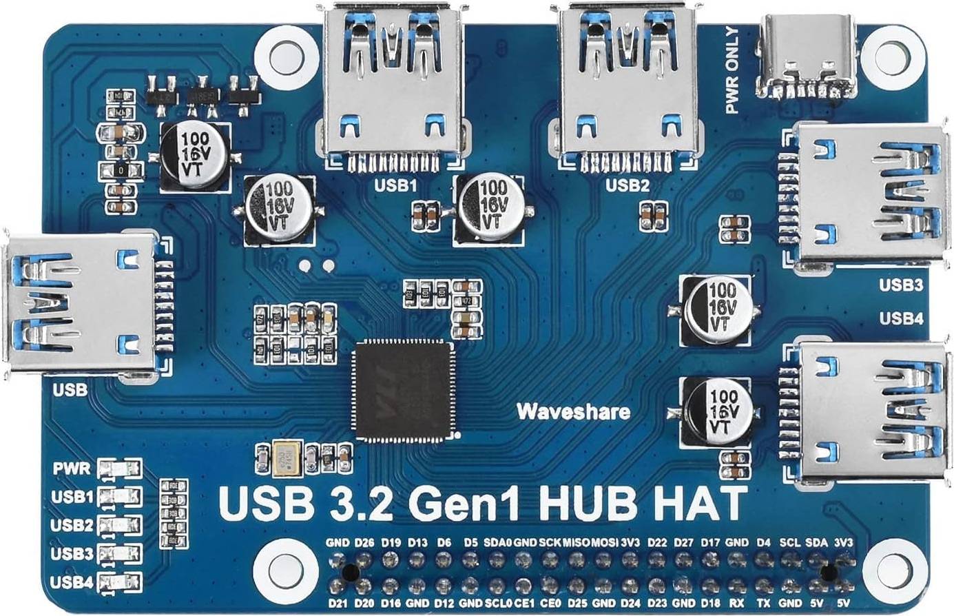 Pi 5 Nordic USB 3.2 Gen1 Hub Hat for Raspberry Pi 4