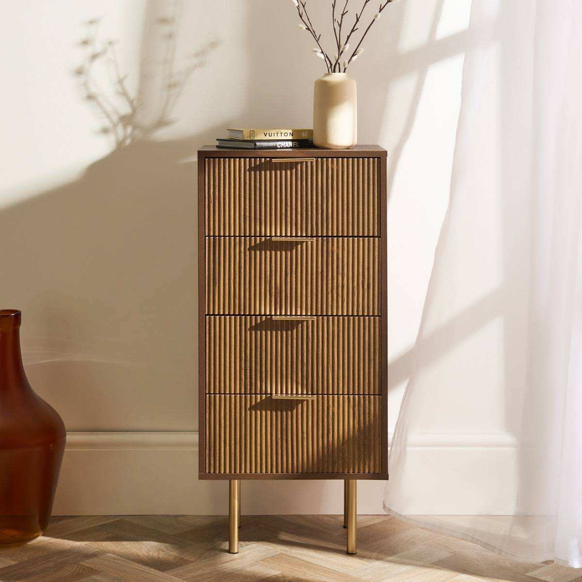 OHS Ribbed 4-Drawer Unit Dark Wood Storage Cabinet