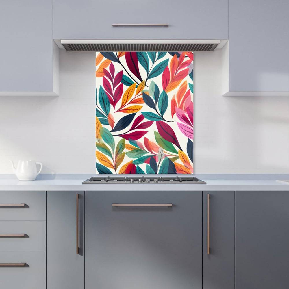 Warren Reed Designer Bright Leaves Pattern Glass Kitchen Splashback 75 x 60 cm Orange Splash Guard