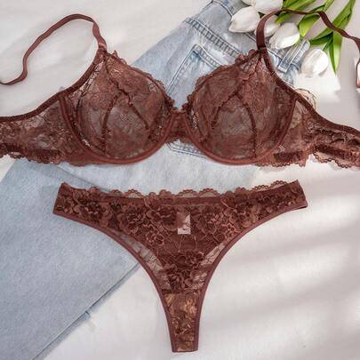 Plus size lingerie sets Shein Plus Size Solid Color Lace Wireless Comfortable Bra Set