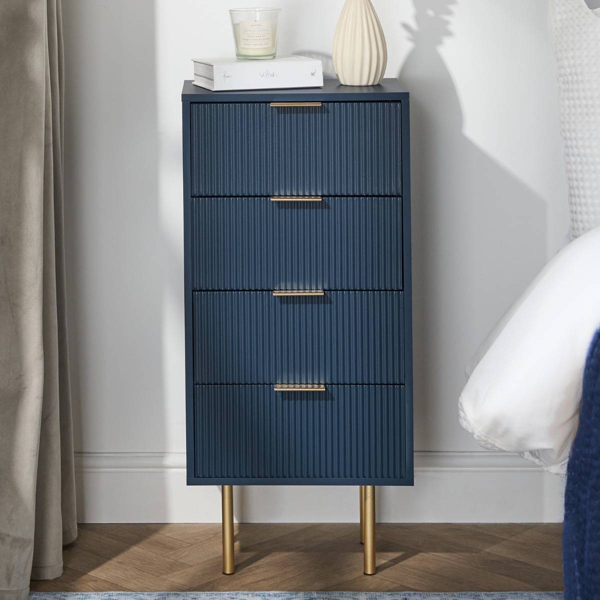 OHS Ribbed 4-Drawer Unit Navy Blue Bedside Table