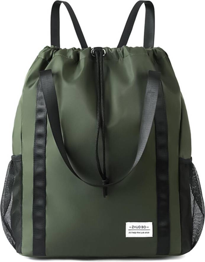 Drawstring Backpack Water Resistant Large Gym Bag Long Handles - Green