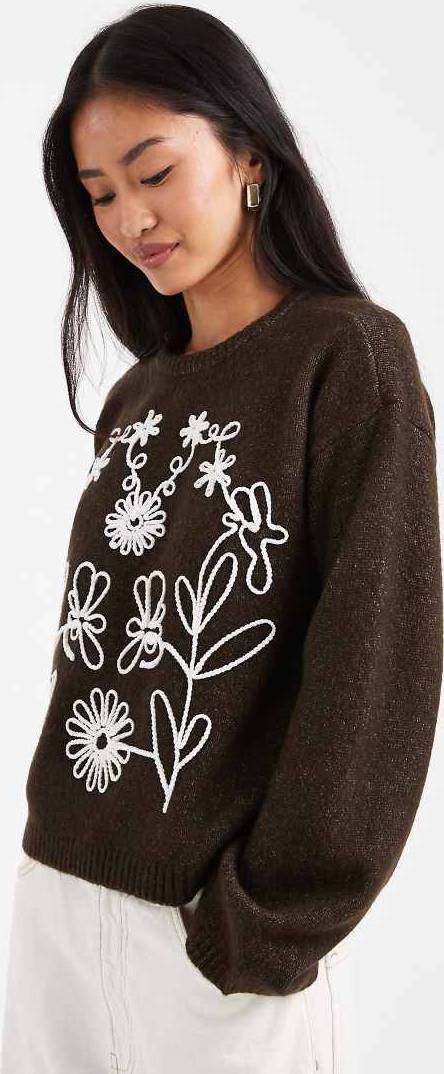 Threadbare Brun Tröja Rund Halsringning Blombroderi - Brown