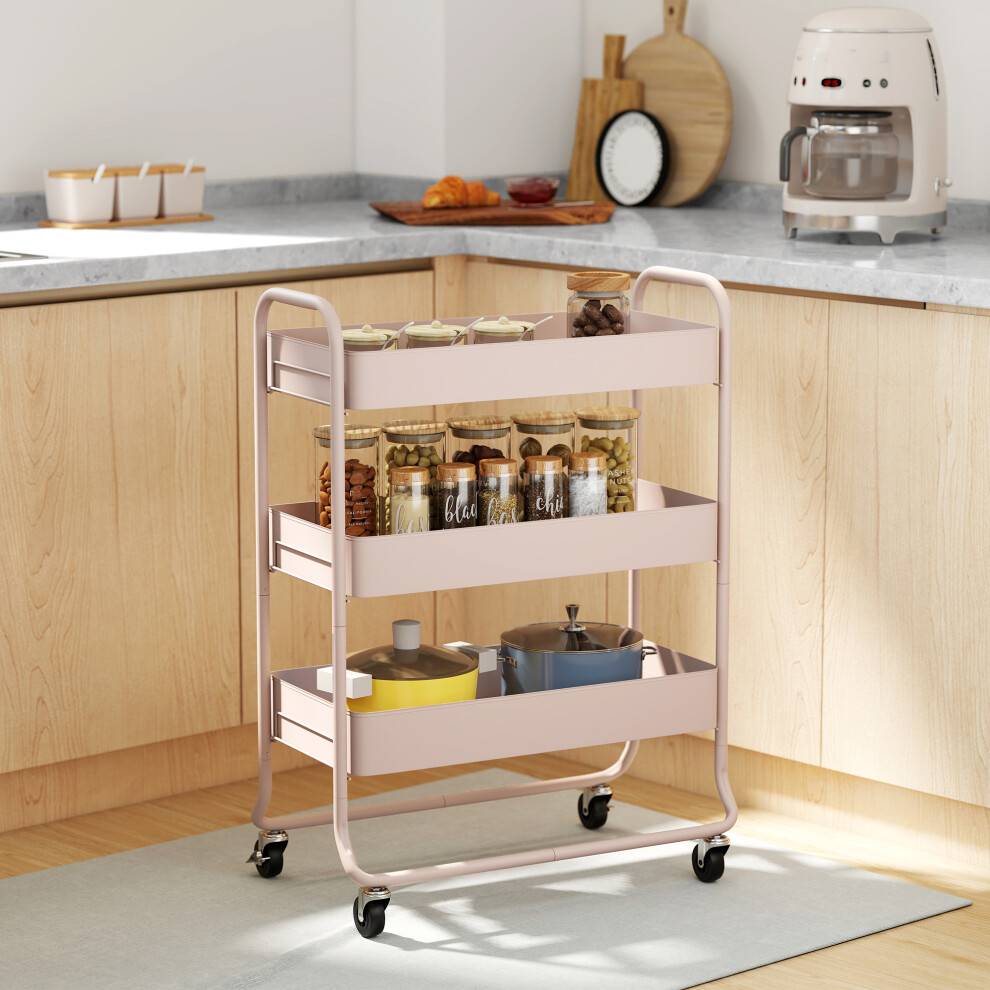 Homcom 3-Tier Storage Wheels Pink Trolley Table