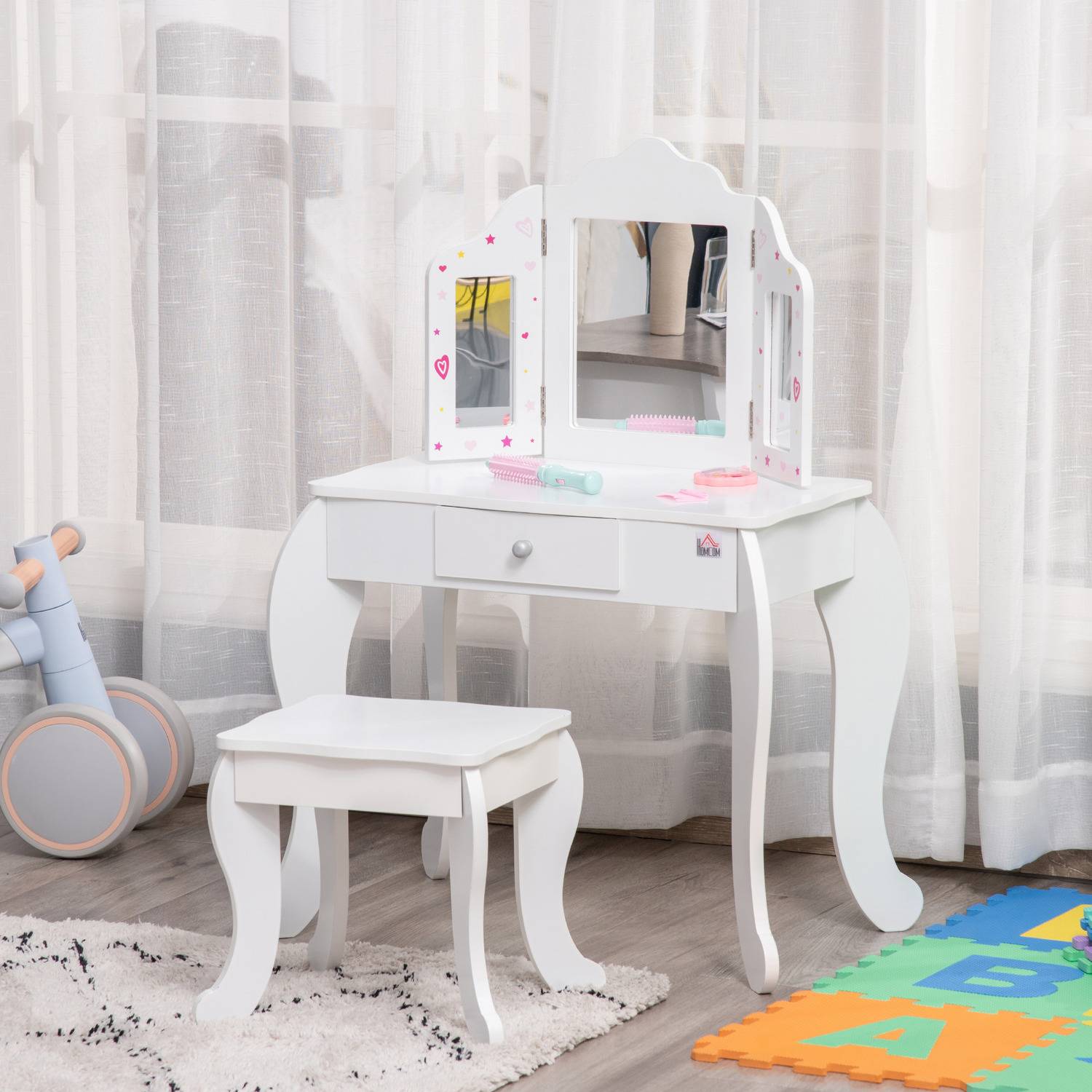 Homcom Kids Vanity Table and Stool Dressing Set White