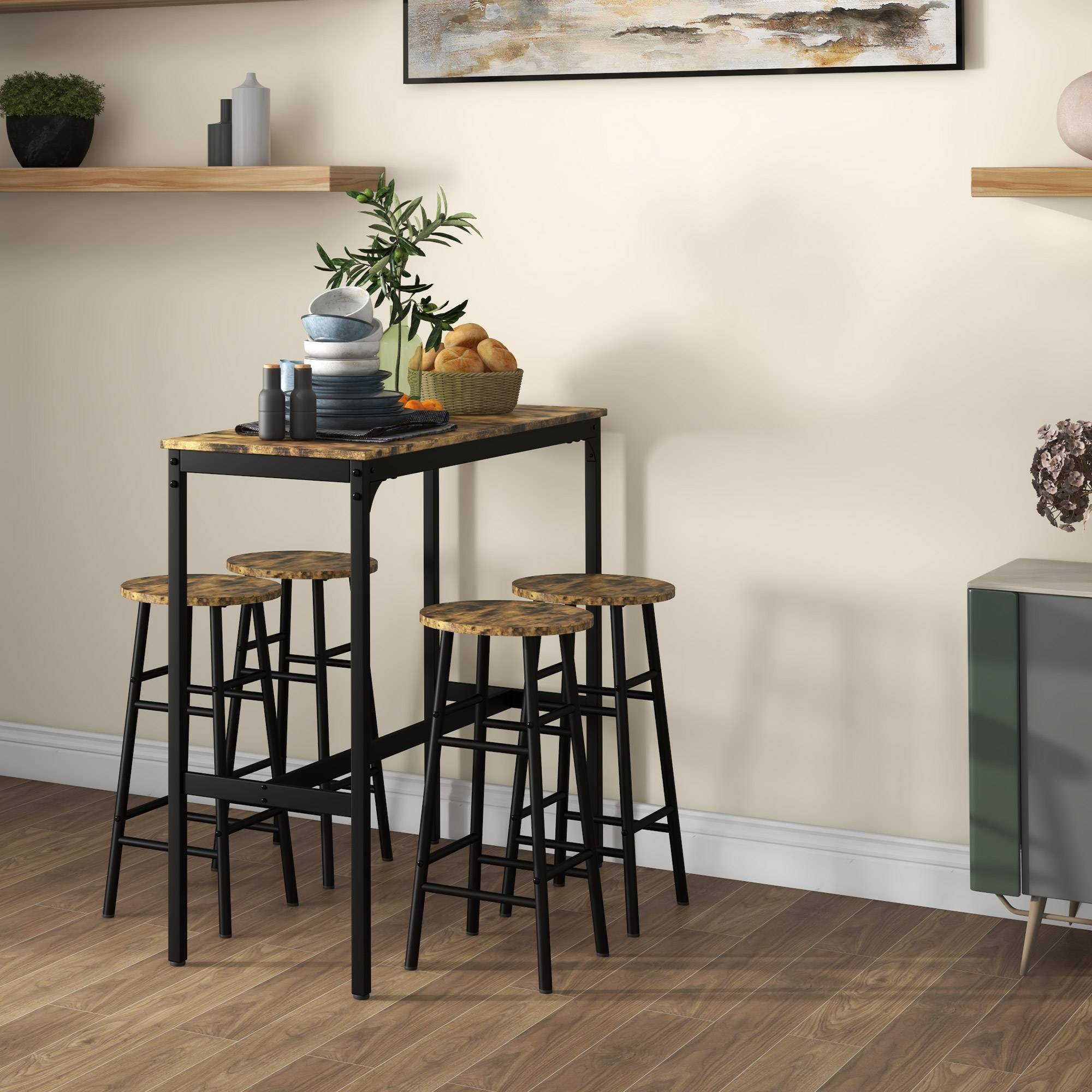Homcom 5 Piece Rustic Brown And Stool Set Bar Table 5pcs