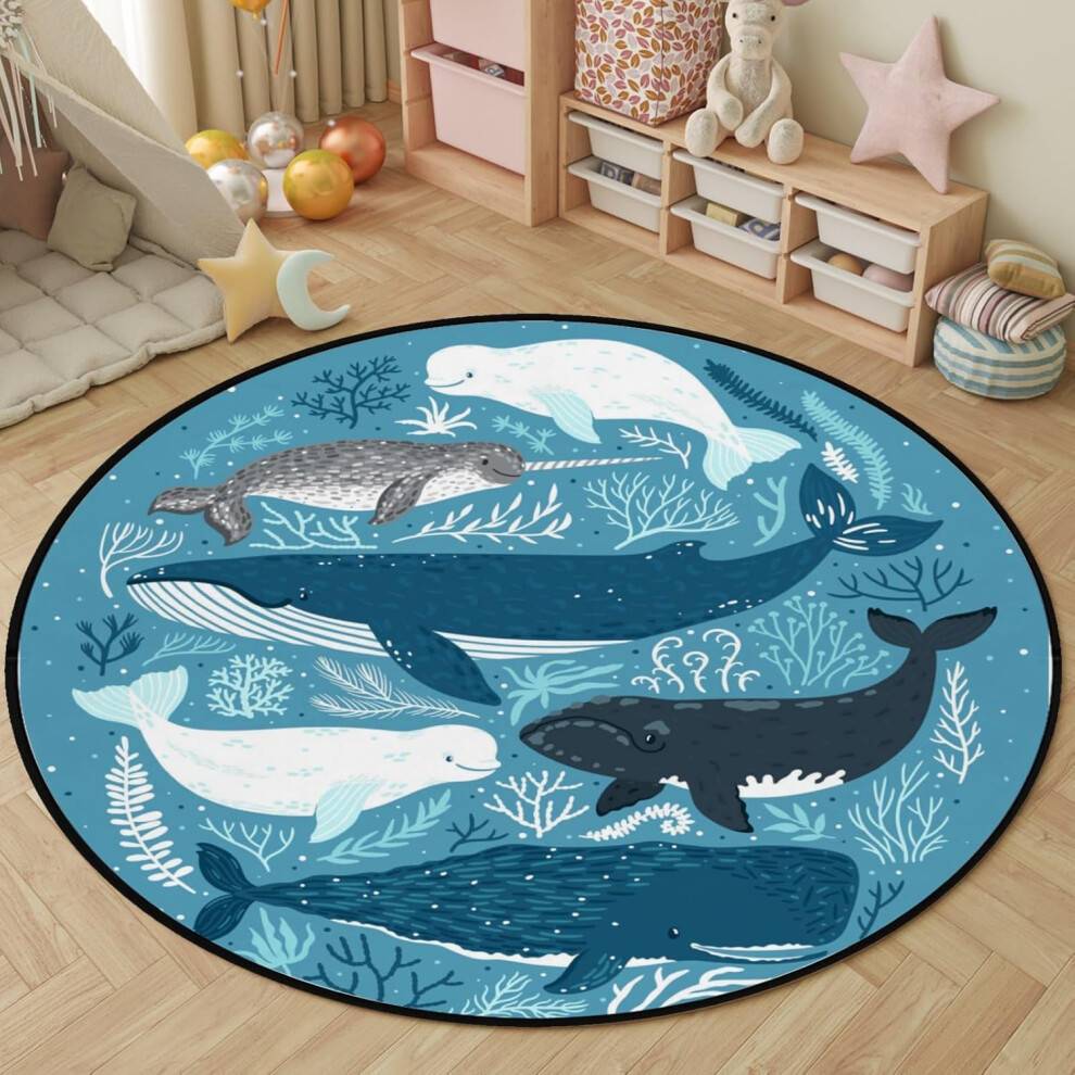 Cartoon Blue Whale Round Indoor Rug