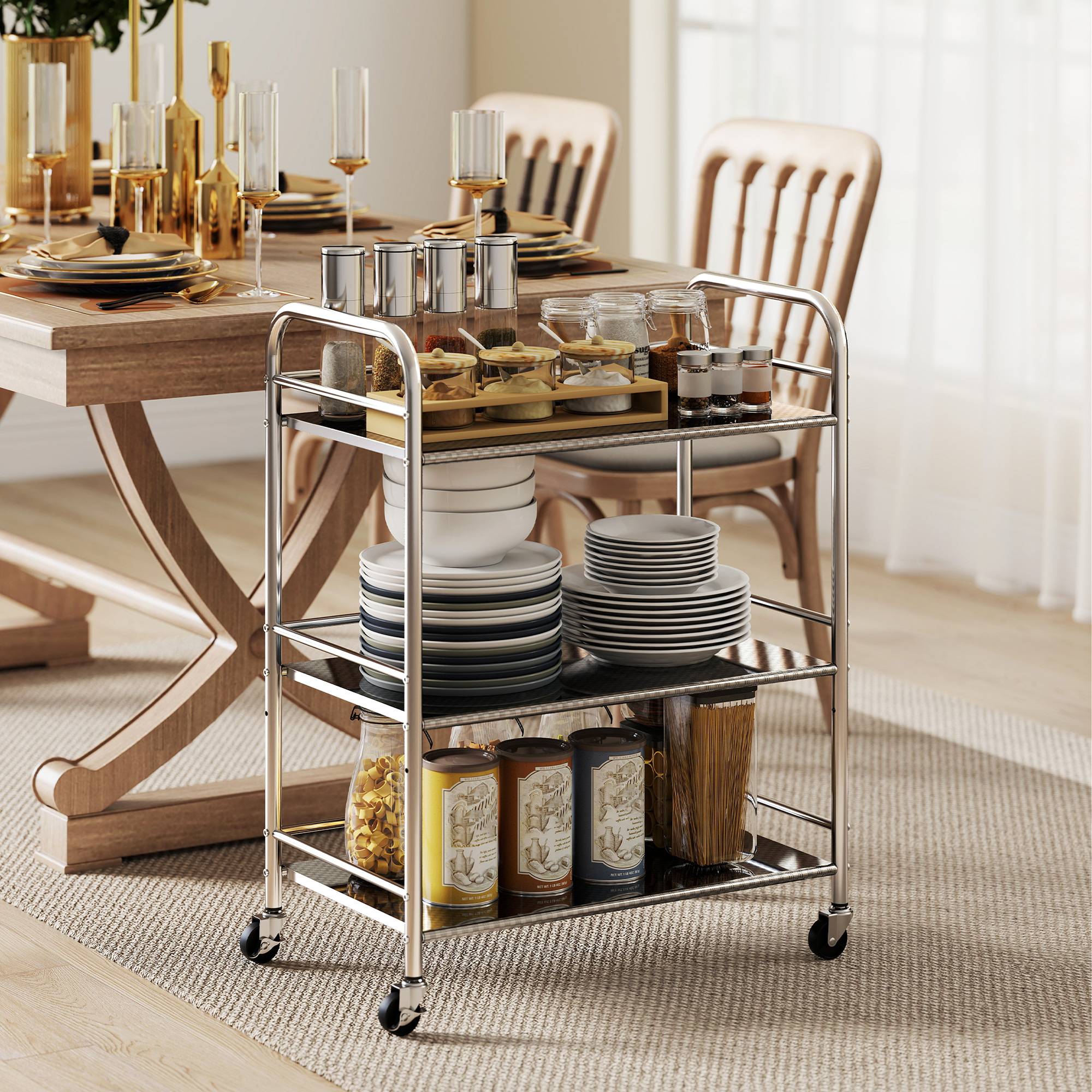 Homcom 3 Tier Stainless Steel Kitchen Storage Trolley Rullebord