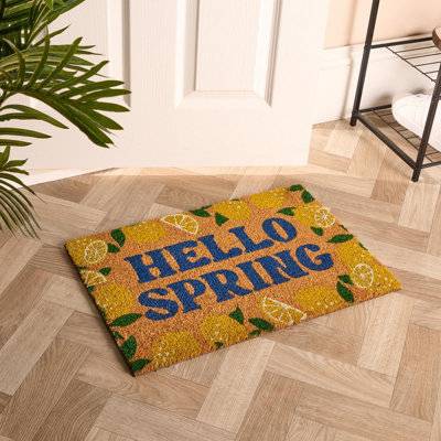 Lemon Print Coir Doormat Hello Spring Multicolor
