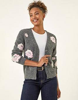 Roman Embossed Floral Knit Cardigan - Grey