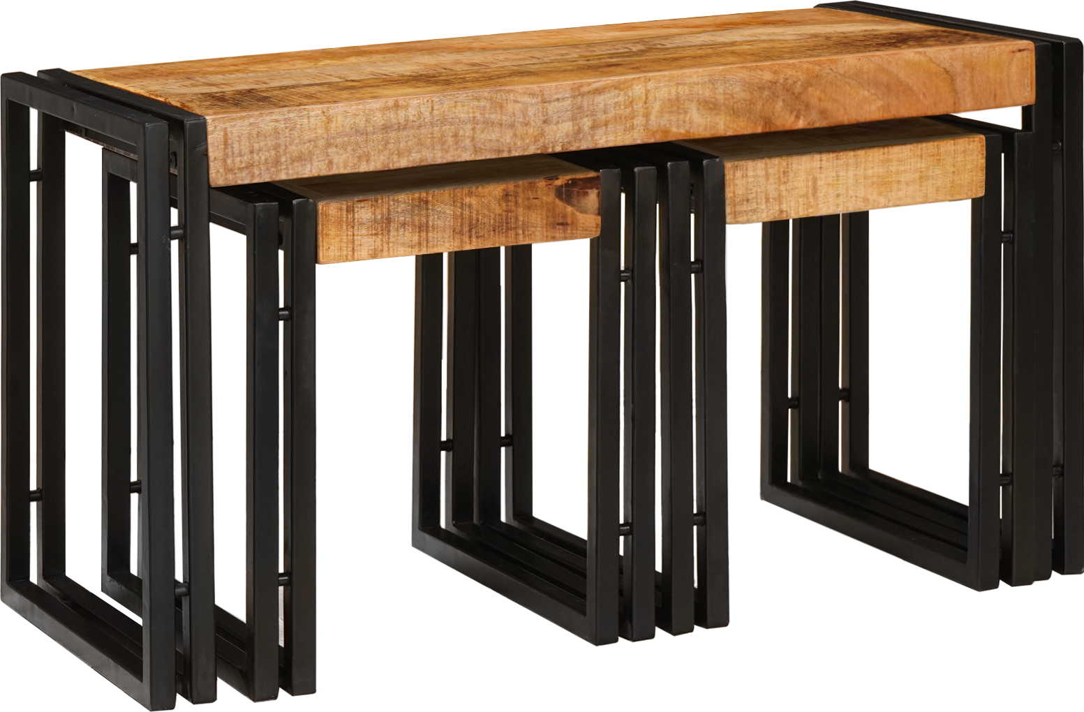 vidaXL 3 Pcs Solid Rough Mango Wood Metal Nesting Table 3pcs