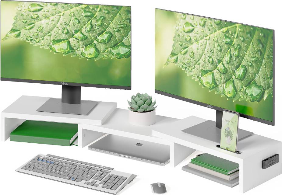 Dual Monitor Stand Riser With Smartphone Holder