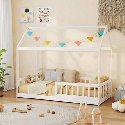 Homcom House-Shaped Kids Bed Frame With Guard Rails