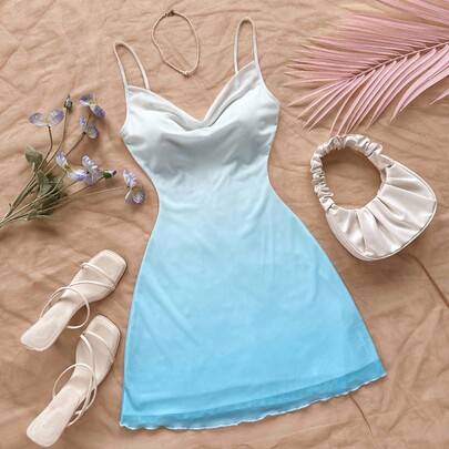 Gradient Color Spaghetti Strap Draped Neck Mini Dress - Blue