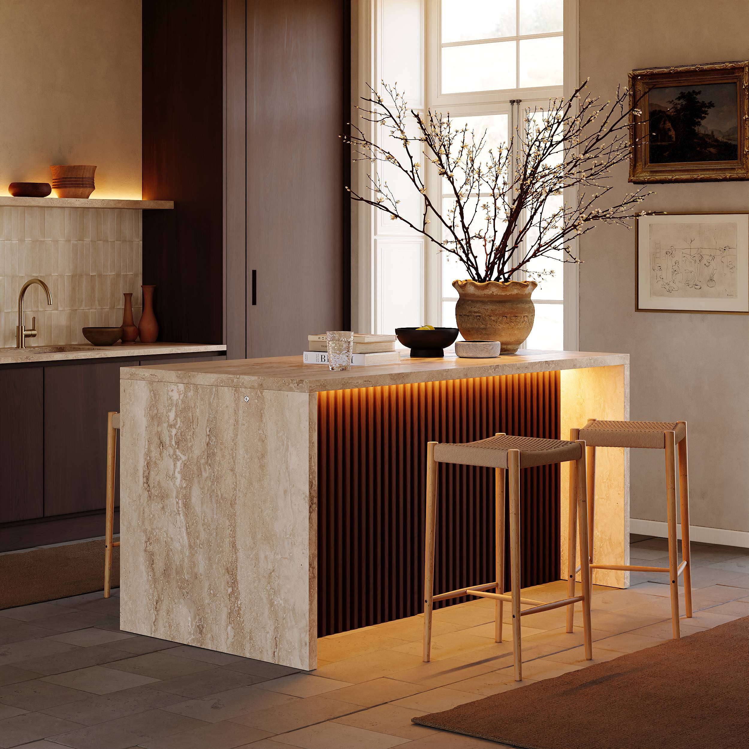 Homary Waterfall Wood Kitchen Island Fluted Panel Design LED Light
