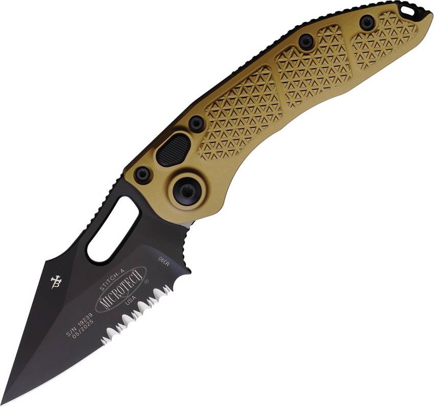 Microtech Auto Stitch Button Lock Tan Pocket knife
