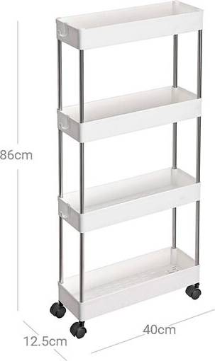 Songmics Smal Rullvagn Med 4 Hyllplan Vit Rullbord